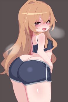 1girl :3 aisaka_taiga ass black_background black_shirt black_shorts blush breath brown_eyes brown_hair crop_top flat_chest from_behind huge_ass kukuchi581 kyojiri_loli loli long_hair looking_at_viewer looking_back midriff open_mouth shirt shorts sleeveless sleeveless_shirt smile standing steam thick_thighs thighs toradora! wide_hips