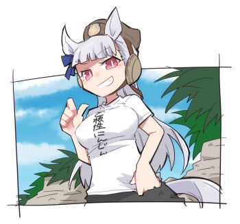 Rule 34 | 1girl, animal ears, beer hsk, black skirt, blue bow, blue sky, bow, breasts, brown hat, clothes writing, cloud, commentary request, day, ear bow, ear covers, gold ship (umamusume), grey hair, grin, hand up, hat, horse ears, horse girl, horse tail, large breasts, long hair, mini hat, pointing, pointing at self, shirt, short sleeves, skirt, sky, smile, solo, tail, umamusume, very long hair, white shirt