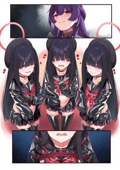 4girls absurdres adapted_costume beret black_choker black_gloves black_hair black_headwear black_sailor_collar black_serafuku black_skirt black_thighhighs blue_archive blush braid choker closed_mouth gloves hair_over_eyes hat heart hie_(hiememiko) hiememiko highres justice_task_force_member_(blue_archive) long_hair long_sleeves multiple_girls neckerchief open_mouth pleated_skirt purple_eyes purple_hair red_eyes red_neckerchief sailor_collar school_uniform serafuku skirt thighhighs
