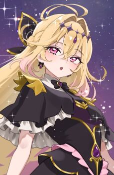 Rule 34 | 1girl, antenna hair, black bow, black bowtie, black capelet, black dress, blonde hair, blush, bow, bowtie, capelet, commentary request, crossed bangs, cure arcana shadow, dress, frilled dress, frills, gem, gradient hair, hair between eyes, hair intakes, heart-shaped gem, highres, looking at viewer, meitantei precure!, moria luluka, multicolored hair, open mouth, pink hair, precure, purple eyes, purple gem, revision, solo, upper body, yamaro (yamaro0)