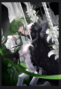 1girl absurdres bird black_bird black_border black_choker black_dress black_nails border c.c. carousel choker code_geass dress flower green_hair hair_between_eyes haruno0629 highres index_finger_raised juliet_sleeves lily_(flower) long_hair long_sleeves parted_lips puffy_sleeves solo very_long_hair white_flower white_lily yellow_eyes