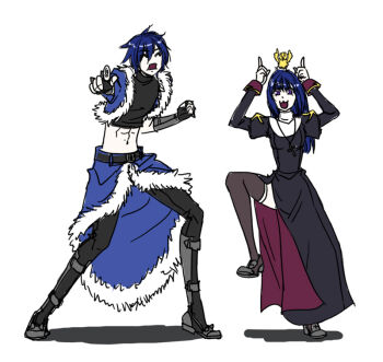 1boy 1girl :3 animal animal_on_head armored_boots baby_animal bird bird_on_head black_dress black_gloves black_pants black_shirt blue_cape blue_hair blue_jacket boots brown_shoes brown_thighhighs cape chick closed_eyes commentary_request crop_top cropped_jacket cross cross_necklace dress fingerless_gloves full_body fur-trimmed_cape fur-trimmed_jacket fur_trim gloves index_finger_raised jacket jewelry long_hair looking_at_viewer necklace on_head open_clothes open_jacket open_mouth pants priest_(ragnarok_online) purple_eyes ragnarok_online shirt shoes short_hair short_sleeves simple_background smile stalker_(ragnarok_online) thighhighs toriria waist_cape white_background