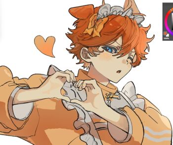 1boy akehoshi_subaru alternate_costume animal_ears apron blue_eyes blush bow chundogs_77 color_wheel commentary_request dog_ears ensemble_stars! hair_between_eyes hair_ornament heart heart_hands highres jacket jersey_maid kemonomimi_mode korean_commentary long_sleeves maid maid_apron maid_headdress male_focus one_eye_closed open_mouth orange_bow orange_hair orange_jacket short_hair simple_background solo unconventional_maid upper_body white_background