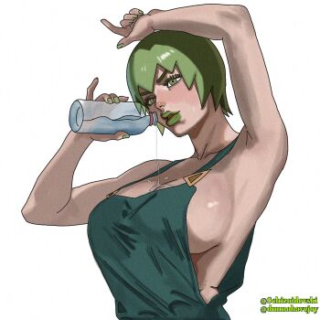 1girl arm_up armpits arms_up between_breasts bottle breasts cleavage collarbone foo_fighters_(jojo) green_eyes green_hair green_lips green_nails green_overalls highres holding holding_bottle jewelry jojo_no_kimyou_na_bouken large_breasts lipstick looking_at_viewer makeup naked_overalls overalls pouring pouring_onto_self schizoidovski short_hair sideboob sleeveless solo stay_hydrated stone_ocean twitter_username upper_body water_bottle