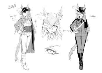 1girl absurdres animal_ears ascot boots brooch cape commentary_request greyscale hair_over_one_eye hat highres horse_ears horse_girl horse_tail jewelry knee_boots kuzumi_taiyou long_hair long_sleeves monochrome multiple_views necktie pants reference_sheet ringlets solo tail toni_bianca_(umamusume) translation_request umamusume umamusume:_cinderella_gray white_background