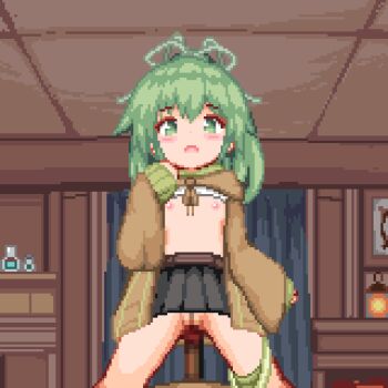 1boy 1girl animated animated_gif black_skirt blush brown_jacket censored closed_eyes clothes_lift commentary_request commission covering_own_mouth cowgirl_position cum cum_in_pussy cum_on_body cum_on_penis cum_overflow cumdrip duel_monster flat_chest girl_on_top green_eyes green_hair green_panties hetero hinainf jacket lifting_own_clothes loli lowres medium_hair mosaic_censoring nipples open_mouth paid_reward_available panties panties_around_leg penis pixel_art ponytail pov pussy sex skeb_commission skirt skirt_lift sound_effects straddling underwear vaginal wynn_(yu-gi-oh!) wynn_the_wind_charmer yu-gi-oh!