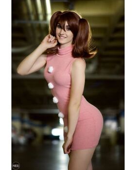 Rule 34 | 1girl, ass, bare shoulders, breasts, brown hair, cosplay, diane (nanatsu no taizai), diane (nanatsu no taizai) (cosplay), dress, helloiamkate, long hair, medium breasts, nanatsu no taizai, photo (medium), real life, short dress, sleeveless, twintails