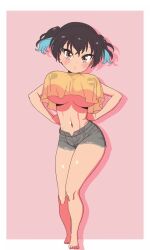 1girl animated barefoot black_hair blue_hair bouncing_breasts breasts brown_eyes crop_top crop_top_overhang dancing denim denim_shorts fujii_shingo full_body gaki_kyonyuu hands_on_own_hips heart_pasties highres large_breasts looking_at_viewer multicolored_hair navel oppai_loli pasties pink_background sasaki_kanna see-through_clothes see-through_shirt short_twintails shorts solo tagme transparent twintails two-tone_hair underboob video