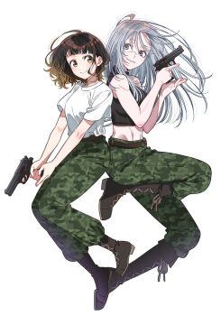 2girls bare_arms bare_shoulders belt beretta_92 black_boots black_shirt boots brown_belt brown_hair camouflage camouflage_pants closed_mouth commentary_request full_body green_eyes green_pants grey_eyes grey_hair gun handgun highres hirayama_kanna holding holding_gun holding_weapon isumi_rinko long_hair midriff mizusaki_nagisa multiple_girls official_art pants scar scar_on_face second-party_source shimai_youhei shirt shirt_tucked_in short_hair simple_background sleeveless sleeveless_shirt smile trigger_discipline weapon white_background white_shirt