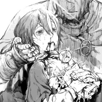 1boy 1girl absurdres bags_under_eyes beard blood blood_from_mouth blood_on_clothes blood_on_face chinese_commentary closed_mouth commentary_request facial_hair greyscale hair_between_eyes hand_on_another's_hand hatching_(texture) head_grab highres injury light_beam linear_hatching long_sleeves lying made_in_abyss monochrome multicolored_hair nosebleed on_back parted_lips sansanpai short_hair star_compass streaked_hair sweat vambraces vueko wazukyan_(human)