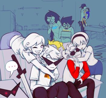 3girls 4boys bro_strider dave_strider dirk_strider glasses groucho_glasses homestuck jade_harley john_egbert katana lil_cal multiple_boys multiple_girls non-web_source rose_lalonde roxy_lalonde sword vintagegamebro weapon