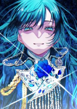 1girl ado_(utaite) aegyo_sal blue_eyes blue_flower blue_hair blue_rose blush brooch chando_(ado) commentary epaulettes flower flower_brooch hashtag-only_commentary highres jewelry looking_at_viewer mole mole_under_eye open_mouth oyashirazu_(adochan_daisuki) rose solo tearing_up utaite