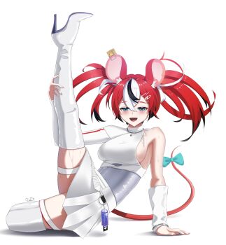 1girl absurdres animal_ear_fluff animal_ears arm_support arm_warmers artist_name asymmetrical_sleeves black_hair black_streaks blue_eyes boots bow breasts double-parted_bangs fingernails hair_between_eyes hair_ornament hairclip hakos_baelz highres holding_own_leg hololive hololive_english jewelry leg_up leotard luke_s_(artist) medium_breasts mouse_ears mouse_tail mousetrap multicolored_hair nail_polish necklace official_alternate_costume red_hair sideboob single_arm_warmer single_bare_shoulder skindentation skirt sweat tail tail_bow tail_ornament thick_thighs thigh_strap thighs twintails uneven_twintails virtual_youtuber white_boots white_hair white_skirt wrist_chain