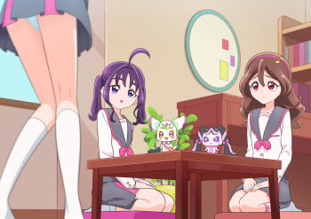 3girls :o ahoge aqua_panties character_request choppy_bangs closed_mouth commentary_request cushion dot_nose double-parted_bangs fairy fortissimo frown grey_sailor_collar grey_skirt hair_between_eyes hair_ornament hairband huge_ahoge indoors kimi_to_idol_precure long_bangs long_hair long_sleeves looking_at_another medium_hair meroron_(fairy)_(precure) multiple_girls musical_note musical_note_hair_ornament no_shoes panties pantyshot parted_lips pink_hairband pleated_skirt precure purirun_(fairy)_(precure) purple_eyes purple_hair raised_inner_eyebrows red_eyes sailor_collar sakura_uta_(precure) school_uniform seiza serafuku shigure_kokoro shirt sitting skirt socks split_mouth standing table tiler_(tiler00) twintails underwear upskirt white_shirt white_socks wooden_table zabuton