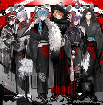 Rule 34 | 6+boys, absurdres, alternate costume, axel syrios, banzoin hakka, black kimono, blue eyes, blue hair, brown hair, commentary, crown (artist), full body, fur collar, fur trim, gavis bettel, goldbullet, hakkito (banzoin hakka), highres, holostars, holostars english, holotempus, japanese clothes, kimono, looking at viewer, machina x flayon, machiroon (machina x flayon), multiple boys, open mouth, purple hair, red eyes, red hair, regis altare, round eyewear, short hair, side ponytail, smile, tassel, tongue, tongue out, virtual youtuber, white hair