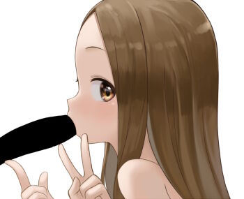 1boy 1girl atg_(wttoo0202) blank_censor brown_hair censored commentary_request fellatio from_side hetero karakai_jouzu_no_takagi-san loli long_hair looking_at_viewer oral paid_reward_available partial_commentary penis simple_background takagi-san upper_body v white_background