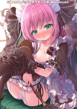 1girl ass black_boots black_bow black_shirt blush boots bow breasts brooch brown_thighhighs collarbone day dress duster frilled_thighhighs frills garter_straps green_eyes hair_bow holding holding_duster indoors jewelry knees_up long_hair maid maid_headdress matokechi melonbooks nipples nose_blush official_art original panties parted_lips pendant pink_hair puffy_short_sleeves puffy_sleeves shirt short_sleeves sitting small_breasts solo sunlight thighhighs thighhighs_under_boots underwear very_long_hair white_dress white_panties window