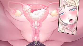 1girl blonde_hair blue_eyes egg gluteal_fold highres nude ovaries oviposition pussy squatting tagme tongue tongue_out uterus v-mag x-ray