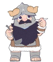 Rule 34 | 1boy, artist request, beard, cup, deformed, dungeon meshi, dwarf, facial hair, fake horns, full body, helmet, highres, holding, holding cup, holding ladle, horned helmet, horns, ladle, long beard, looking up, male focus, mustache, senshi (dungeon meshi), solo, tasting, thick mustache, very long beard