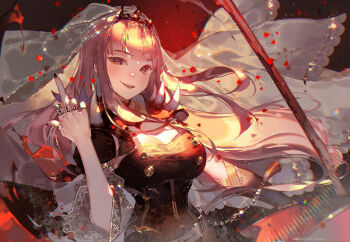 1girl black_cape black_dress black_nails breasts brown_eyes cape cleavage commentary_request dress duplicate finger_tattoo grey_background hand_up hololive hololive_english jewelry kawacy large_breasts long_hair looking_at_viewer medium_breasts middle_finger mori_calliope mori_calliope_(1st_costume) nail_polish parted_lips pink_eyes pink_hair see-through_clothes short_sleeves simple_background smile solo spikes tattoo tiara upper_body veil very_long_hair virtual_youtuber wide_sleeves