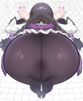 1girl absurdres akemi_homura akemi_homura_(magical_girl) anus argyle_clothes argyle_pantyhose ass ass_focus bent_over braid chain-link_fence fence foreshortening from_behind hair_bobbles hair_ornament highres loli long_hair long_sleeves magical_girl mahou_shoujo_madoka_magica merrytail outdoors pantyhose presenting presenting_ass purple_nails solo sweat twin_braids