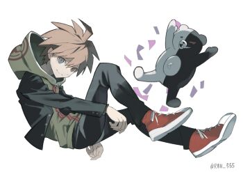 1boy absurdres ahoge artist_name black_jacket black_pants brown_hair danganronpa:_trigger_happy_havoc danganronpa_(series) from_side green_hoodie grey_eyes grin hareruya_(smomo2227) highres hood hoodie jacket monokuma naegi_makoto open_clothes open_jacket pants red_shoes shirt shoes short_hair smile teeth white_background