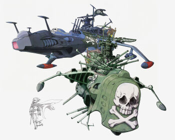 Rule 34 | 1boy, 2025, absurdres, arcadia, commentary request, floating cape, harlock, harlock saga, highres, jolly roger, kujira gunsou, lineart, pirate ship, science fiction, signature, simple background, skull and crossbones, spacecraft, spacecraft turret, uchuu kaizoku captain harlock, vehicle focus, waga seishun no arcadia, white background