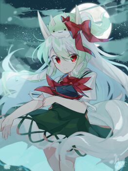 Rule 34 | 1girl, :3, blue hat, blush, bow, cloud, commentary request, creature on head, dress, ex-keine, feet out of frame, full moon, green dress, green hair, green sky, hat, highres, holding, holding unworn clothes, holding unworn hat, horn bow, horn ornament, horns, kamishirasawa keine, long hair, long sidelocks, moon, multicolored hair, night, night sky, petticoat, puffy short sleeves, puffy sleeves, red bow, red eyes, renge kanatsuki, short sleeves, sidelocks, sky, smile, solo, star (sky), starry sky, sukusuku hakutaku, tail, touhou, two-tone hair, unworn hat, unworn headwear, white hair