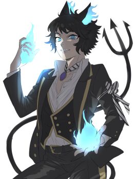 1boy animal_ears black_hair black_vest blue_eyes blue_fire cat_ears commentary_request cowboy_shot demon_tail fire flaming_ears grim_(twisted_wonderland) highres kmkm_puddiiiing looking_at_viewer male_focus night_raven_college_school_uniform personification pyrokinesis sharp_teeth short_hair simple_background slit_pupils solo tail teeth twisted_wonderland vest white_background