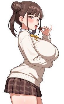 1girl absurdres blush breasts brown_hair candy chocolate commentary_request double_bun food hair_bun highres idolmaster idolmaster_shiny_colors large_breasts looking_at_viewer plaid_clothes plaid_skirt shiguren_39 simple_background skirt solo sonoda_chiyoko tongue tongue_out twintails white_background
