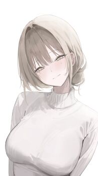 1girl absurdres blonde_hair blush breasts bright_pupils closed_mouth embarrassed eyelashes hair_between_eyes hair_bun head_tilt highres laneigu large_breasts long_hair looking_at_viewer mole mole_under_eye narrowed_eyes original raised_eyebrows single_hair_bun slit_pupils solo sweater turtleneck turtleneck_sweater upper_body very_low_bun white_pupils yellow_eyes yuzu_(laneigu)