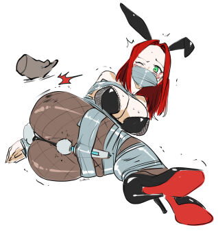 animal_ears ass bound breasts commission eudetenis fake_animal_ears fake_tail full_body gag gagged green_eyes high_heels highres hitachi_magic_wand improvised_gag large_breasts leotard one_eye_closed original pantyhose playboy_bunny rabbit_ears rabbit_tail red_hair second-party_source sex_toy solo spanked strapless strapless_leotard tail tape tape_bondage tape_gag vibrator white_background