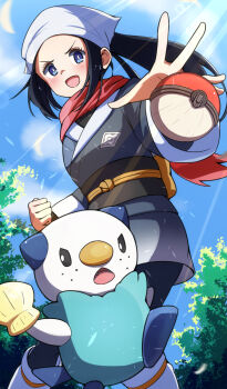 1girl akari_(pokemon) black_hair blue_eyes blue_sky blush cloud gen_5_pokemon highres hisuian_poke_ball japanese_clothes nintendo oshawott outdoors poke_ball pokemon pokemon_(creature) pokemon_legends:_arceus ponytail sky solo throwing throwing_poke_ball tree yanu
