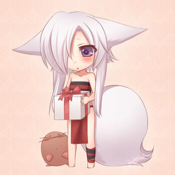 1girl aika_(konshin) animal_ears artist_self-insert bare_shoulders barefoot blush chibi female_focus fictional_persona fox_ears fox_tail full_body gift hair_over_one_eye holding holding_gift inari konshin long_hair mole mole_(animal) open_mouth original purple_eyes short_hair_with_long_locks signature simple_background solo tail whiskers white_hair
