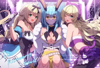 1girl animal_ears anniversary azur_lane bare_shoulders black_pantyhose blonde_hair blue_dress blue_hair boise_(azur_lane) boise_(muse)_(azur_lane) breast_strap breasts cat_ears cleavage corset dress fake_animal_ears highres holding idol idol_clothes kongou_(azur_lane) kongou_(muse)_(azur_lane) large_breasts le_temeraire_(azur_lane) le_temeraire_(muse)_(azur_lane) long_hair long_sleeves looking_at_viewer mask mouth_mask official_alternate_costume pantyhose pleated_skirt rabbit_ears red_eyes ribbon see-through_clothes see-through_dress sideless_shirt skirt t@ke-g very_long_hair vest white_mask