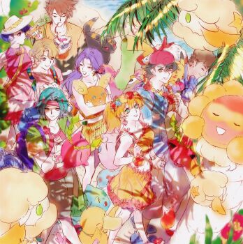 alolan_form alolan_raichu alternate_color ash_ketchum asymmetrical_hair black_eyes black_hair brock_(pokemon) brown_hair bulbasaur castform castform_(sunny) character_request clefi_toi cottonee cowboy_shot cyndaquil denim denim_shorts flower gen_1_pokemon gen_2_pokemon gen_3_pokemon gen_5_pokemon gen_7_pokemon green_eyes gym_leader hair_flower hair_ornament hat highres hoppip jacket jigglypuff legs misty_(pokemon) nintendo onix orange_hair pikachu pokemon pokemon_(anime) pokemon_(classic_anime) pokemon_sm102 pokemon_sm_(anime) pokemon_snap ponytail psyduck raichu red_hair shellder shiny_pokemon shiny_skin shirt shoes short_hair short_shorts shorts side_ponytail tangela todd_snap tracey_sketchit umbreon yellow_shirt