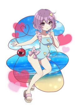 1girl alternate_costume beach blue_one-piece_swimsuit blue_sky cloud commentary_request day eyeball full_body game_cg hair_ornament hakurei_frontier_spell_strive heart heart_hair_ornament heart_of_string highres komeiji_satori looking_at_viewer ocean official_art one-piece_swimsuit open_mouth pink_eyes pink_hair sandals short_hair sky solo subaru_(subachoco) swimsuit third-party_source third_eye toes touhou transparent_background