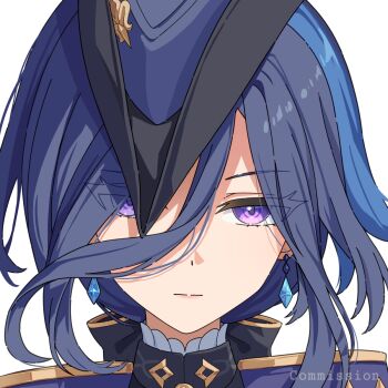 1girl black_bow black_hair blue_hair blue_hat bow clorinde_(genshin_impact) closed_mouth commentary commission earrings english_commentary eyes_visible_through_hair genshin_impact hair_bow hair_over_one_eye hat highres jewelry long_hair looking_at_viewer multicolored_hair portrait purple_eyes seero simple_background solo streaked_hair white_background