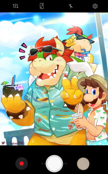 Rule 34 | 3boys, absurdres, artist name, bib, blue shirt, blue sky, blush, bowser, bowser jr., claws, cloud, cloudy sky, coconut, coconut cup, commentary, cup, drinking, drinking straw, drinking straw in mouth, english commentary, eyewear on head, facial hair, fangs, fruit as cup, furry, furry male, hat, highres, holding, holding cup, instagram logo, lates312, luigi, male focus, mario (series), multiple boys, mustache, nintendo, on shoulder, open clothes, open mouth, open shirt, red hair, shirt, sky, smile, spiked shell, sun, sun hat, sunglasses, twitter logo, twitter username, v, viewfinder, white shirt