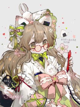 1girl bonnet bow bowtie brown_hair center-flap_bangs cherry_blossoms chinese_commentary commentary_request commission dated double-parted_bangs food food_as_ears frilled_bow frills glasses green_bow green_bowtie green_eyes green_hakama grey_background hair_between_eyes hair_bow hair_ornament hakama highres hikimayu japanese_clothes kimono long_hair long_sleeves onigiri original pink_bow rabbit_hair_ornament red-framed_eyewear sample_watermark solo spiked_glasses upper_body vihua6 watermark white_bonnet white_kimono