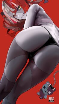 Rule 34 | 1girl, absurdres, ass, ass focus, black panties, colored skin, double bun, grey hair, grey skin, hair bun, heterochromia, highres, hololive, hololive indonesia, kureiji ollie, lace, lace-trimmed panties, lace trim, mismatched pupils, multicolored hair, multicolored skin, nkonya, panties, patchwork skin, red background, red hair, solo, stitched face, stitched leg, stitched torso, stitches, symbol-shaped pupils, udin (kureiji ollie), underwear, virtual youtuber, x-shaped pupils, zombie