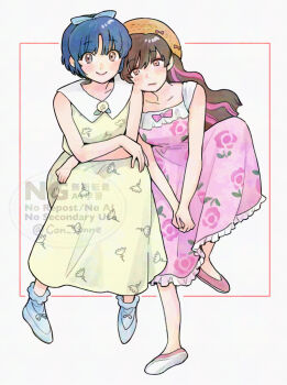 Rule 34 | 2girls, artist name, blue bow, blue hair, blue shoes, bow, brown eyes, brown hair, collarbone, con sonne, crossed arms, disguise, dress, eyeshadow, floral print, flower, full body, hat, holding hands, long hair, makeup, multiple girls, pink dress, pink eyeshadow, pink hair, pink shoes, pink streaks, ranma-chan, ranma 1/2, shoes, short hair, sitting, tendou akane, watermark, wavy hair, yellow dress, yellow flower