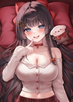 1girl black_hair blue_eyes blush bow braid breasts buttons choker cleavage commentary creature crop_top cropped_shirt detached_sleeves haedungi_(shirayuki_hina) hair_bow hair_intakes hair_ornament hand_up head_on_pillow heart heart_hair_ornament highres index_finger_raised kuca_(ku_ca18) large_breasts long_hair long_sleeves looking_at_viewer lying midriff navel on_back open_mouth pillow red_bow red_choker shirayuki_hina shirt sleeveless sleeveless_shirt smile solo stellive symbol-only_commentary upper_body very_long_hair virtual_youtuber white_shirt white_sleeves wispy_bangs