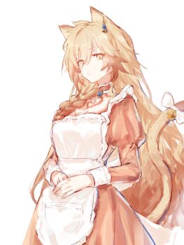 1girl alternate_costume animal_ear_piercing animal_ears apron back_bow bell blonde_hair bow braid breasts cat_ears cat_girl cat_tail chest_tattoo chinese_commentary choker circon cleavage closed_mouth collarbone commentary_request cowboy_shot dress earrings enmaided expressionless eyelashes eyes_visible_through_hair frilled_apron frilled_choker frilled_sleeves frills genderswap genderswap_(mtf) hands_on_lap highres honkai:_star_rail honkai_(series) jewelry juliet_sleeves kemonomimi_mode light_frown long_hair long_sleeves maid medium_dress mydei_(honkai:_star_rail) own_hands_together pleated_dress pocket puffy_sleeves red_choker red_dress simple_background single_braid single_earring sleeve_cuffs slit_pupils solo tail tail_bell tail_bow tail_ornament tattoo very_long_hair wavy_hair white_apron white_background white_bow yellow_eyes