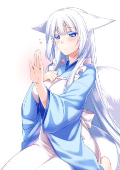 Rule 34 | 1girl, animal ears, apron, barefoot, blue eyes, blue kimono, blush, breasts, closed mouth, commentary request, ears down, female focus, fox ears, fox tail, hand on own chest, hand up, heart, japanese clothes, jewelry, kimono, konshin, large breasts, long sleeves, orie mishiro, original, ring, seiza, short eyebrows, sitting, solo, tail, wedding band, white apron, white background
