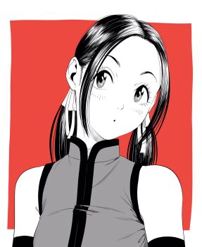 1girl :o breasts chinese_clothes commentary_request detached_sleeves eyelashes greyscale_with_colored_background hair_ribbon hatching_(texture) head_tilt highres lee_(dragon_garou) low_twintails medium_breasts open_mouth original portrait red_background ribbon solo twintails vest