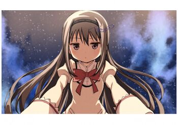 Rule 34 | 1girl, akemi homura, asukaru (magika ru), black hair, black hairband, blush, border, bow, bowtie, closed mouth, dated, dot nose, hairband, highres, juliet sleeves, long hair, long sleeves, looking at viewer, mahou shoujo madoka magica, mahou shoujo madoka magica (anime), mitakihara school uniform, night, outdoors, puffy sleeves, purple eyes, red bow, red bowtie, school uniform, shirt, signature, sky, solo, star (sky), starry sky, upper body, white border, yellow shirt