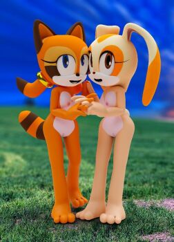 2girls 3d animal_ears artist_request blue_eyes brown_eyes cleft_of_venus cream_the_rabbit flat_chest furry hands_together jewelry loli marine_the_raccoon multiple_girls nipples nude pussy sega sonic_(series) sonic_(series) source_request tail