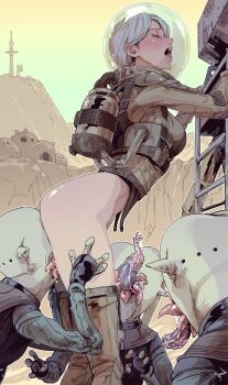 1girl absurdres alien ass blurry blush bottomless closed_eyes commentary_request depth_of_field female_orgasm from_side group_sex helmet highres kotake_standard open_mouth oral orgasm original space_helmet standing strap tagme teratophilia thighhighs tube white_hair