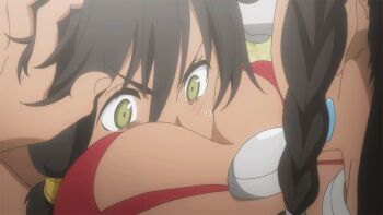 10s 2girls amazon_warrior angry animated animated_gif bikini bikini_top_only black_hair blush breast_smother breasts dark-skinned_female dark_skin dungeon_ni_deai_wo_motomeru_no_wa_machigatteiru_darou_ka earrings embarrassed face_to_breasts female_focus green_eyes hair_between_eyes hair_ornament hair_tubes hand_on_another&#039;s_head head_grab jewelry large_breasts long_hair looking_at_another looking_at_breasts multiple_girls neck neck_ring red_bikini short_hair shy siblings sisters surprised sweatdrop swimsuit sword_oratoria tiona_hyryute tione_hyryute twins upper_body